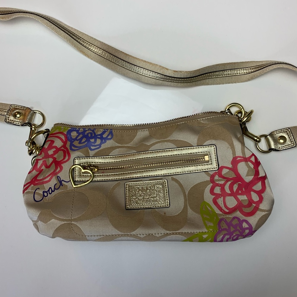 Vintage Coach Shoulder Bag with gold glitter straps.